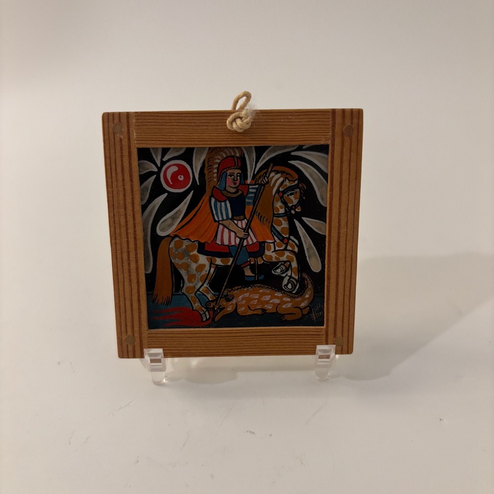 VTG Reverse Glass Painting St George Slaying Dragon Framed Miniature 1987